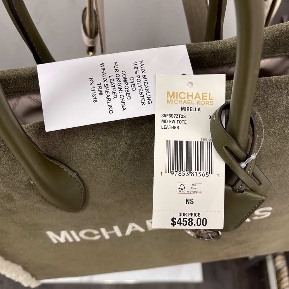 MICHAEL KORS Mirella Medium Suede and Faux Shearling Tote Bag
Olive 
NWT - Picture 14 of 16